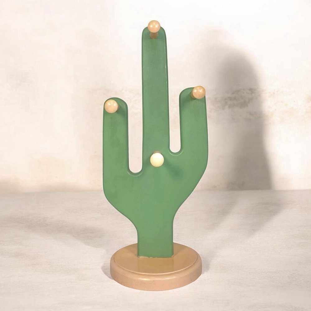 Handcrafted Wood Cactus Jewelry Holder 8 Peg Green Peach Necklace Stand